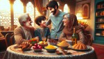 مرد ایرانی، کنار سفره هفت سین همراه با همسر و دو فرزند، خوشحال و درحال گفتگو با هم