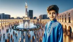 یک پسر با لباس آبی در کنار میدان آزادی