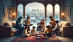 خانواده، تهران، خانه، پنجره بزرگ با نمای برف