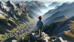 عکس یک پسر  که از بالا ی کوه به یک روستا در حال سوختن نگاه میکند