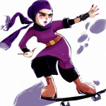 A veiled and active Iranian agile girl in a Purple dress+ Full length+ ready to fight+ cartoon + skate