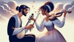 یک مرد و زن عاشق که مرد در حال نواختن سنتور میباشد و زد در حال نواختن وینسل است