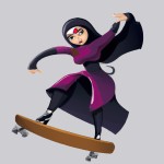 A veiled and active Iranian agile girl in a Purple dress+ Full length+ ready to fight+ cartoon + skate