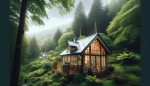 یک کلبه با پنجره های شیشه ای در وسط جنگل 
 در هوای بارانی