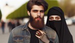 یک خانم کاملا باحجاب بدون آرایش با چادر سیاه به همراه همسر جوانش که شوهرش چفیه روی دوشش دارد و درانگشتش انگشترعقیق دارد