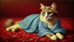گربه ای با شال آبی روی فرش قرمز