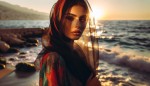 یک خانم باحجاب  اهل لبنان در کنار دریای مدیترانه
