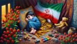 کودک خوابیده، پرچم ایران، گلهای لاله قرمز، اسباب بازی،