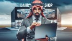 مردی خوشتیپ که لپ تاپ به دست دارد و یک هدفون روی سرش هست و پشت سرش شرکت بزرگی هست که روش نوشته dairy-shop