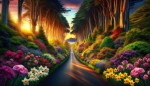 جاده ای فوق العاده زیبا و سرسبز با درختان و گل های زیبا و انتهای زیباتر جاده