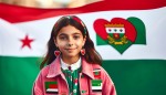کودکی با کاپشن صورتی و گوشوارع قلب شکل کنار پرچم ایران