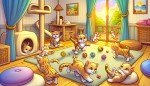 چند بچه گربه کارتونی در  حال بازی در خانه ی خودشان