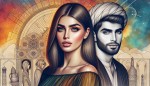 یک زن اروپایی تمام قد با اندامی زیبا و برجسته چشمانی سبز و صورتی زیبا در کنار یک مرد زیبای ایرانی . که پشت سر آنها تصاویر ماه و خورشيد است