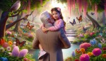 دختری با کاپشن صورتی گوشواره قلبی روبروی تصویر در آغوش پیرمردی با موهای کم‌پشت سفید که از پشت پیداست در باغی از گل و پرنده و پروانه و جوی آب