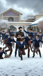 تصویری از یک مدرسه ایرانی در فصل زمستان با دانش آموزان پسر که در حیاط مدرسه در کنار مدیر مدرسه در حال بازی هستند و کتاب هم در دست دارند
