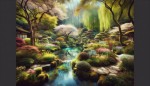 یک باغ زیبا با درختان و آب در آن