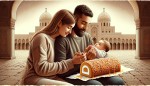 یک تصویر از یک طلبه که کنار همسرش، در یک ایوان نشسته. صحنه روبروی آنها حرم حضرت معصومه است. آنها عاشقانه دست در گردن هم انداخته اند، و به حرم مطهر چشم دوخته اند.
با همدیگر شیرینی رولت می خورند با شربت پرتقال.
یک بچه نوزاد 3 ماهه هم در آغوش همسرش است.