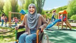 دختری شاد وباحجاب بر روی ویلچیر در حال بازی