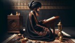 عالم دینی با لباس آخوندی و عمامه تمیز و زیبا و بزرگ مشکی ، ریش های جوگندمی و صورت زیبا و روشن.سر سجاده نشسته ، روبرویش یک رحل است و روی رحل یک قرآن که باز است ، عالم دینی مشغول عبادت است.آن طرف تر با فاصله متوسط حجم زیادی طلا و جواهرات است اما عالم به آنها بی توجه است