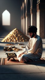 عالم دینی روی سجاده ای ساده نشسته ، با لباس ساده و فقیرانه اما تمیز و مرتب ، با عمامه مشکی و تمیز ، در مقابلش یک رحل است و روی آن یک قرآن باز است و یک تسبیحبا چند متر فاصله حجم زیادی طلا و جواهرات روی زمین است اما عالم دینی به آن ها نگاه نمیکند و توجه به مادیات ندارد