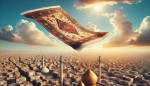 Create an image of a Persian silk rug that is flying above tehran