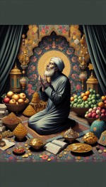 یک عالم دینی کنار نعمات و زخارف دنیوی.ولی عالم بدون توجه و اهمیت دادن به مادیات سر سجاده نشسته و دست بر دعا برداشته و مشغول عبادت است