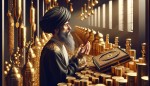 عکس یک عالم دینی با یک عمامه نسبتا تمیز و زیبا و مشکی ، روبرویش رحل قرآن است و دستانش را بالا برده به حالت دعا و دارد عبادت میکند.با یه فاصله ای کلی ثروت و طلا و سکه و جواهرات توی عکس پیداست ولی عالم دینی هیچ اعتنایی به مادیات نداره و حواسش پرت نشده
