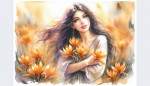 نقاشی آبرنگ کالیگرافی از دختری زیبا در مزرعه زعفران