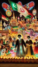جشن نیمه شعبان در جمکران به همراه امام زمان و ذوالفقار و ذوالجناح با پرچم ایران و فلسطین و بادکنک امام زمان و نورافشانی و فشفشه