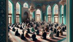 معتکفین در مسجد که درحال مباحثه در مورد مسائل دینی هستند. پنجره های مسجد مال دوران صفویه هستند و دورچین فیروزه ای دارند. فرش ها ایرانی و نفیس هستند. امام جماعت این مسجد سیّد هست و عمامه اش سیاه رنگ