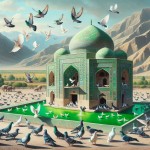 کبوتر خانه سبک اصفهان در کنار یک برکه سر سبز با حیوانات در حال آب خوردن ،با کبوتران در اطراف آن ،بکراند صحرای مناطق اصفهان در دور دست رشته کوهای آب ، تم تصویر روشن