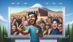 تصویر یک بیلبورد که مرد خیلی خوشحالی در گوشه صفحه است و با دوربین سلفی در حال عکاسی از خودش و جمعیت شاد و خندان پشت سرش است، جمعیت پشت سر از اقشار مختلف جامعه هستند و  پشت جمعیت تصویر مقبره بوعلی سینا همدان قرار دارد و کوه الوند هم در پشت مقبره مشخص هست