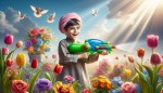 پسر بچه ایرانی با تفنگ در دست در میان گلها