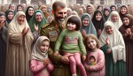 تصویر پشت سر از شهید سلیمانی با لباس پاسداری که در آغوشش دختر دوساله ای با بلوز بافتنی سبز و سویشرت صورتی و شلوار مشکی با موهایی نسبتا کوتاه به رنگ قهوه ای هست. کنار 
 شهید سلیمانی کودکانی پنج شش ساله ایستاده و در حال شادی هستند. زنان محجبه