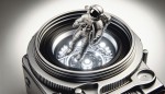 little astronaut float in air , in the style of futuristic realism, white background, dark white and light silver, ben wooten, rtx on, argus c3, precision and detail-oriented, minimalistic sophistication