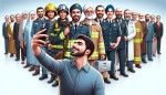 تصویر مرد ایرانی در حال سلفی گرفتن از جمعیت پشت سرش که در آن جمعیت افرادی با لباس آتش نشان، خلبان، دکتر، مهندس و سرباز هستند و همگی عمیق می خندند و همه ایرانی هستند