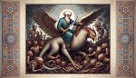 یک مرد عارف باستانی ایرانی که بر روی سیمرغ سوار است و یک شمشیر در دست دارد و مقابل او ارتش اهریمن است