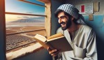 پشت سر مردی خوشحال در حال خواندن کتاب درون اتاقی شبیه زندان که به بیرون پنجره نگاه می کند و کشور ایران را تماشا می کند
