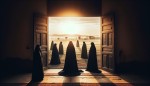 زنان مسلمان چادری مشکی ایرانی از نمای پشت در دشت بزرگ در حال نگاه کردن به طلوع خورشید