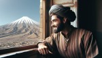 طرح مفهومی پشت سر یک مرد با لباس اسرای ایرانی جنگ ایران و عراق، بدون ریش با سیبیل کوتاه و موی کوتاه که به بیرون پنجره نگاه می کند و از بیرون قله دماوند را می بیند و خوشحال است