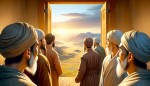 آخوند ها از نمای پشت در یک دشت بزرگ در حال نگاه کردن به طلوع خورشید نمای نزدیک