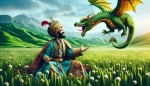 کوروش کبیر با لباس باستانی ایرانی و تاج پادشاهی درحال خوشحالی با اژدهای باستانی در دشت‌های سرسبز ایران