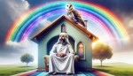 یک خانه که درونش یک مرد نشسته و روی شانه اش یک جغد نشسته و رو پشت بامش یک قاصدک هست