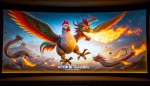 Some dragon chicken with big legs and fire coming out of its mouth is riding on a mythological dragon and depicts the message: "APED.global" with fire from their mouth in the sky of China.