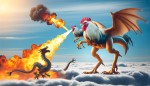 A Chicken dragon with big legs and feet with a huge fire coming out from his mouth is riding on a mythological Dragon and depicts the message: "APED.global" with fire from their mouth in the sky of China.