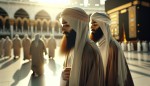 دیدار دو مرد مسلمان با ریش بلند و لباس تمیز عربی در حال طواف کعبه