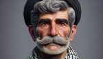 تصویری از مردی ۵۰ ساله که اهل یزد است وریش ندارد اما سیبیلی مثل خان دارد وصورت نسبتا بزگ با مو هایی سفید ومشکی واگرایی نسبتا پر پشت و چشم های کمی تو رفته وچین افتاده وبا گوش هایی بیضی و مهربان و جدی