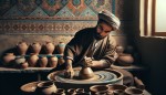 مردی ایرانی با لباس قدیمی که مشغول سفالگری است
