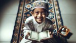 یک پسربچه مسلمان که با لبی خندان و صورتی زیبا درحال تلاوت قران است و  در پای رحل و قران نشسته است .