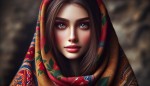دختربچه خوشگل با موهای بلند قهوه ای و چشم های رنگی و روسری سنتی شیرازی